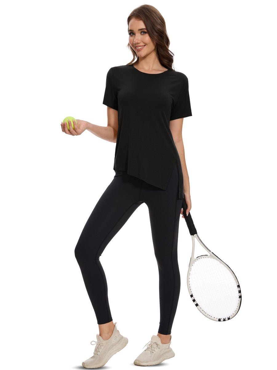 TACVASEN Black Women's Side Slit Workout Short Sleeve Shirts
