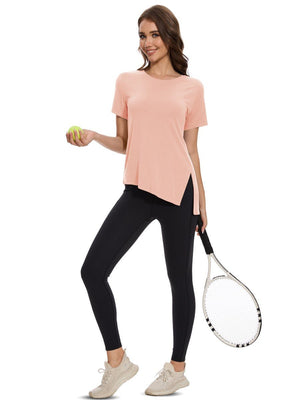 TACVASEN Apricot Women's Side Slit Workout Short Sleeve Shirts