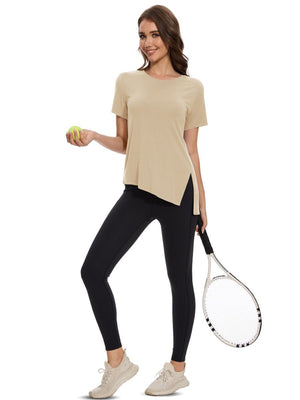 TACVASEN Light Khaki Women's Side Slit Workout Short Sleeve Shirts