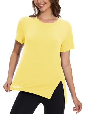 TACVASEN Light Yellow Women's Side Slit Workout Short Sleeve Shirts