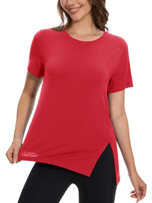TACVASEN Red Women's Side Slit Workout Short Sleeve Shirts