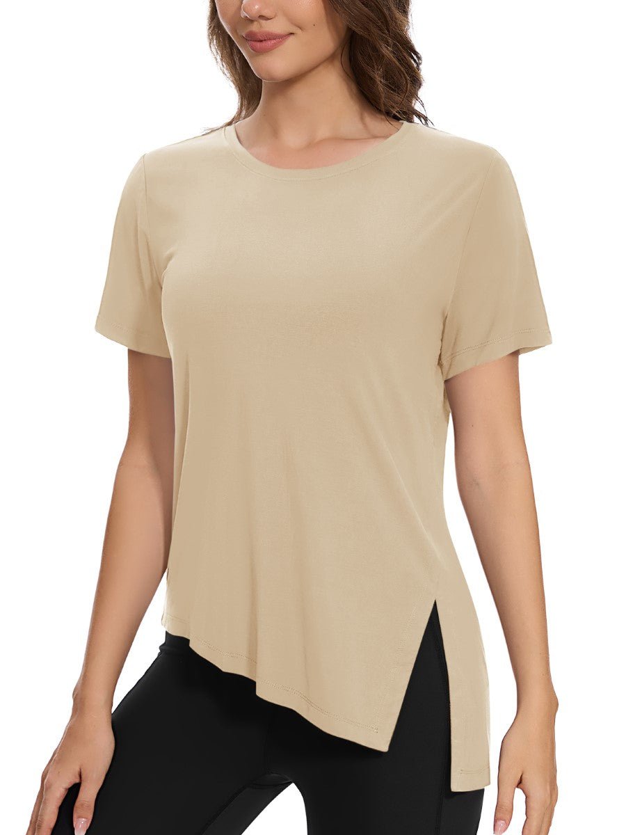 TACVASEN Light Khaki Women's Side Slit Workout Short Sleeve Shirts