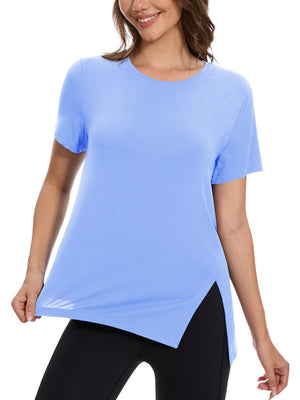 TACVASEN Pale Blue Women's Side Slit Workout Short Sleeve Shirts