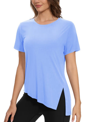 TACVASEN Pale Blue Women's Side Slit Workout Short Sleeve Shirts