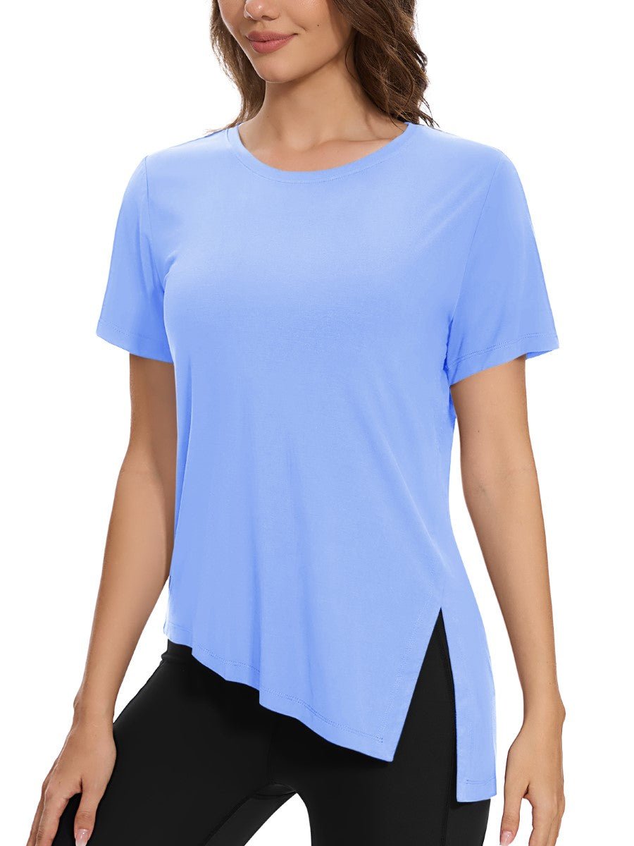 TACVASEN Pale Blue Women's Side Slit Workout Short Sleeve Shirts
