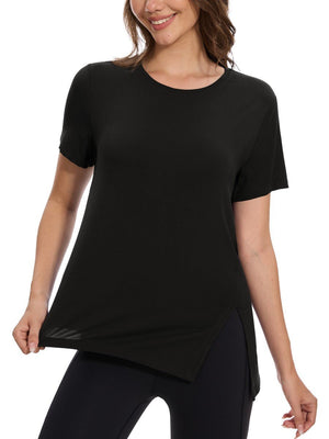 TACVASEN Black Women's Side Slit Workout Short Sleeve Shirts
