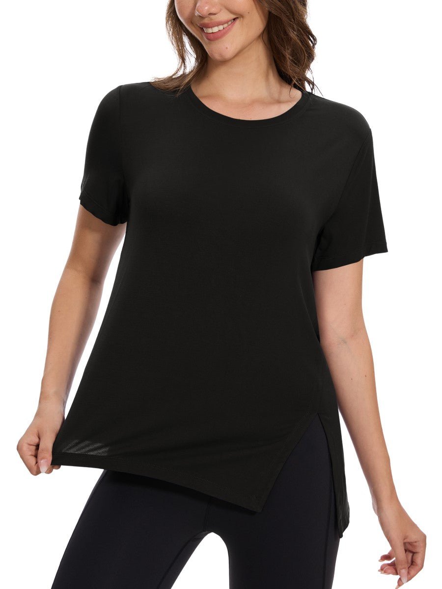 TACVASEN Black Women's Side Slit Workout Short Sleeve Shirts