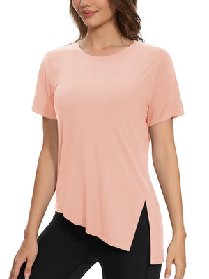 TACVASEN Apricot Women's Side Slit Workout Short Sleeve Shirts