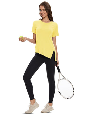 TACVASEN Light Yellow Women's Side Slit Workout Short Sleeve Shirts