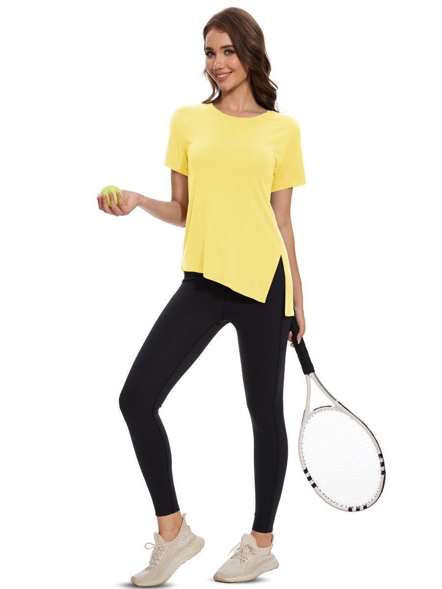 TACVASEN Light Yellow Women's Side Slit Workout Short Sleeve Shirts