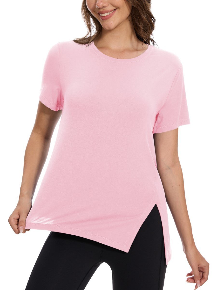 TACVASEN Light Pink Women's Side Slit Workout Short Sleeve Shirts