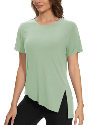 TACVASEN Mist Green Women's Side Slit Workout Short Sleeve Shirts