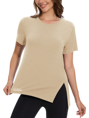 TACVASEN Light Khaki Women's Side Slit Workout Short Sleeve Shirts