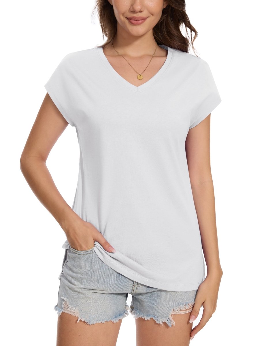 TACVASEN White Women's V Neck Cap Sleeve Cotton T-Shirt