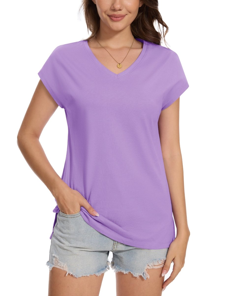 TACVASEN Light Purple Women's V Neck Cap Sleeve Cotton T-Shirt