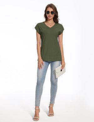 TACVASEN Army Green Women's V Neck Cap Sleeve Cotton T-Shirt