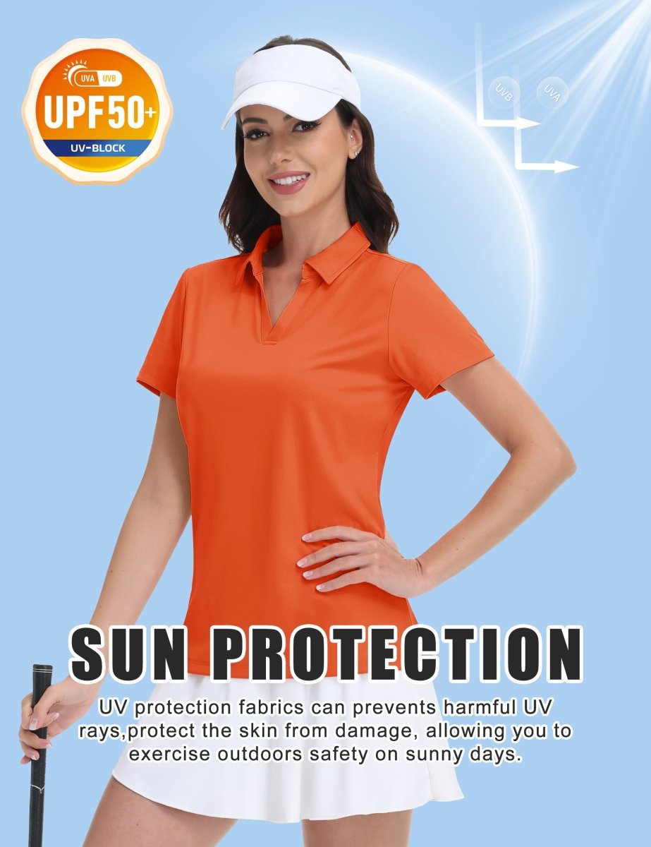 TACVASEN Deep Orange Women's V-Neck UPF 50+ Quick Dry Golf Polos