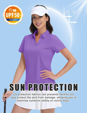 TACVASEN Light Purple Women's V-Neck UPF 50+ Quick Dry Golf Polos