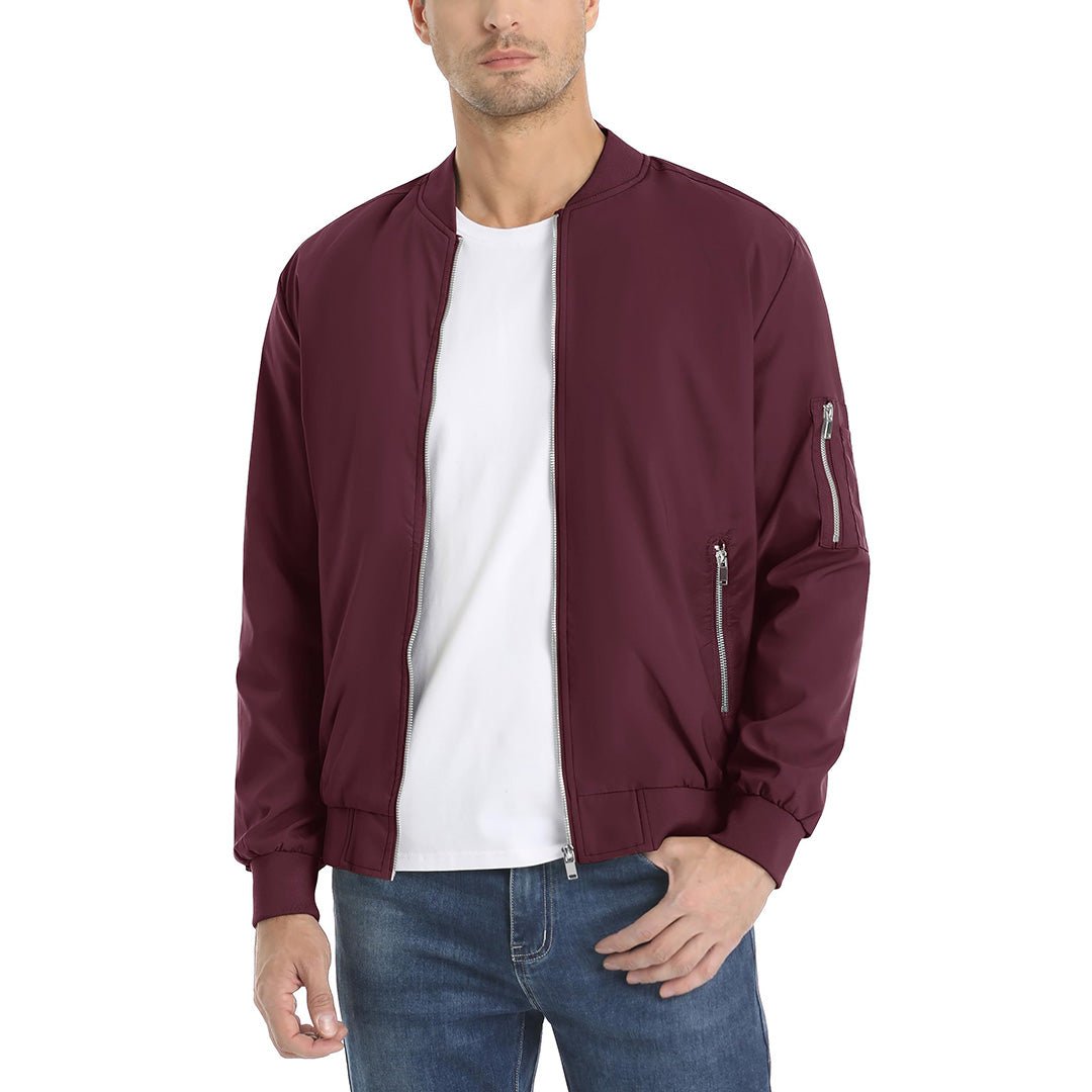 TACVASEN Wine Red Vintage Bomber Flight Jacket Zip - Pocket