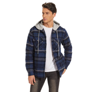TACVASEN Blue Grey Men's Hooded Thick Plaid Flannel Long Sleeve Winter Cotton Coat with Pockets