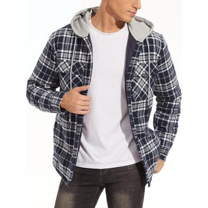 TACVASEN Navy Men's Hooded Thick Plaid Flannel Long Sleeve Winter Cotton Coat with Pockets