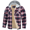 TACVASEN Red White Men's Multiple Pockets Flannel Plaid Shirts Fleece Lining Jacket with Hood
