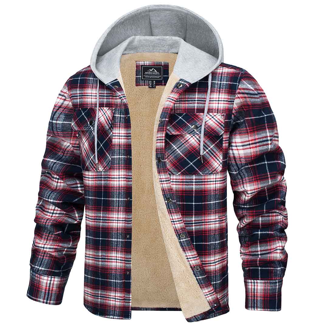 TACVASEN Red White Men's Multiple Pockets Flannel Plaid Shirts Fleece Lining Jacket with Hood