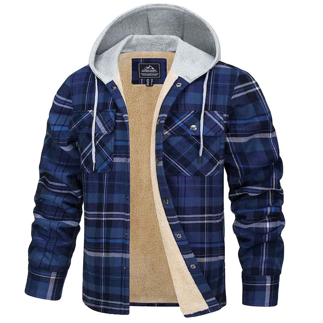 TACVASEN Blue Grey Men's Multiple Pockets Flannel Plaid Shirts Fleece Lining Jacket with Hood