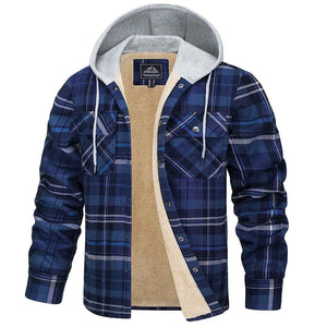 TACVASEN Blue Grey Men's Multiple Pockets Flannel Plaid Shirts Fleece Lining Jacket with Hood