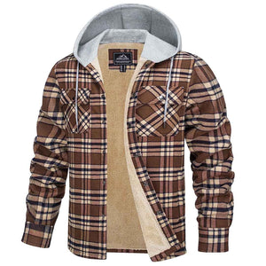 TACVASEN Brown Men's Multiple Pockets Flannel Plaid Shirts Fleece Lining Jacket with Hood