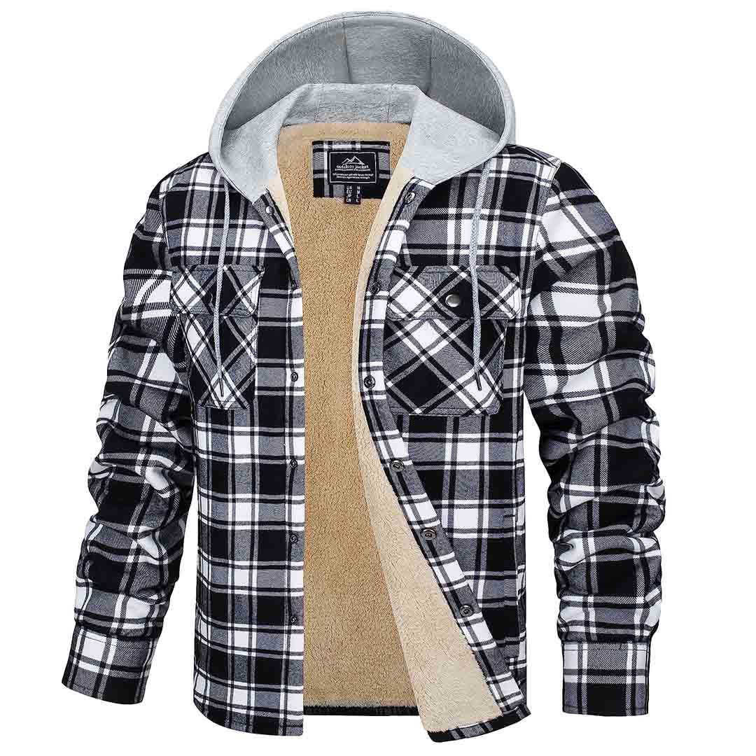 TACVASEN Black White Men's Multiple Pockets Flannel Plaid Shirts Fleece Lining Jacket with Hood