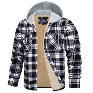TACVASEN Black White Men's Multiple Pockets Flannel Plaid Shirts Fleece Lining Jacket with Hood