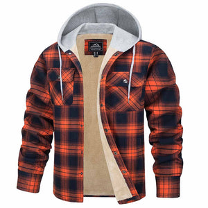 TACVASEN Orange Men's Multiple Pockets Flannel Plaid Shirts Fleece Lining Jacket with Hood