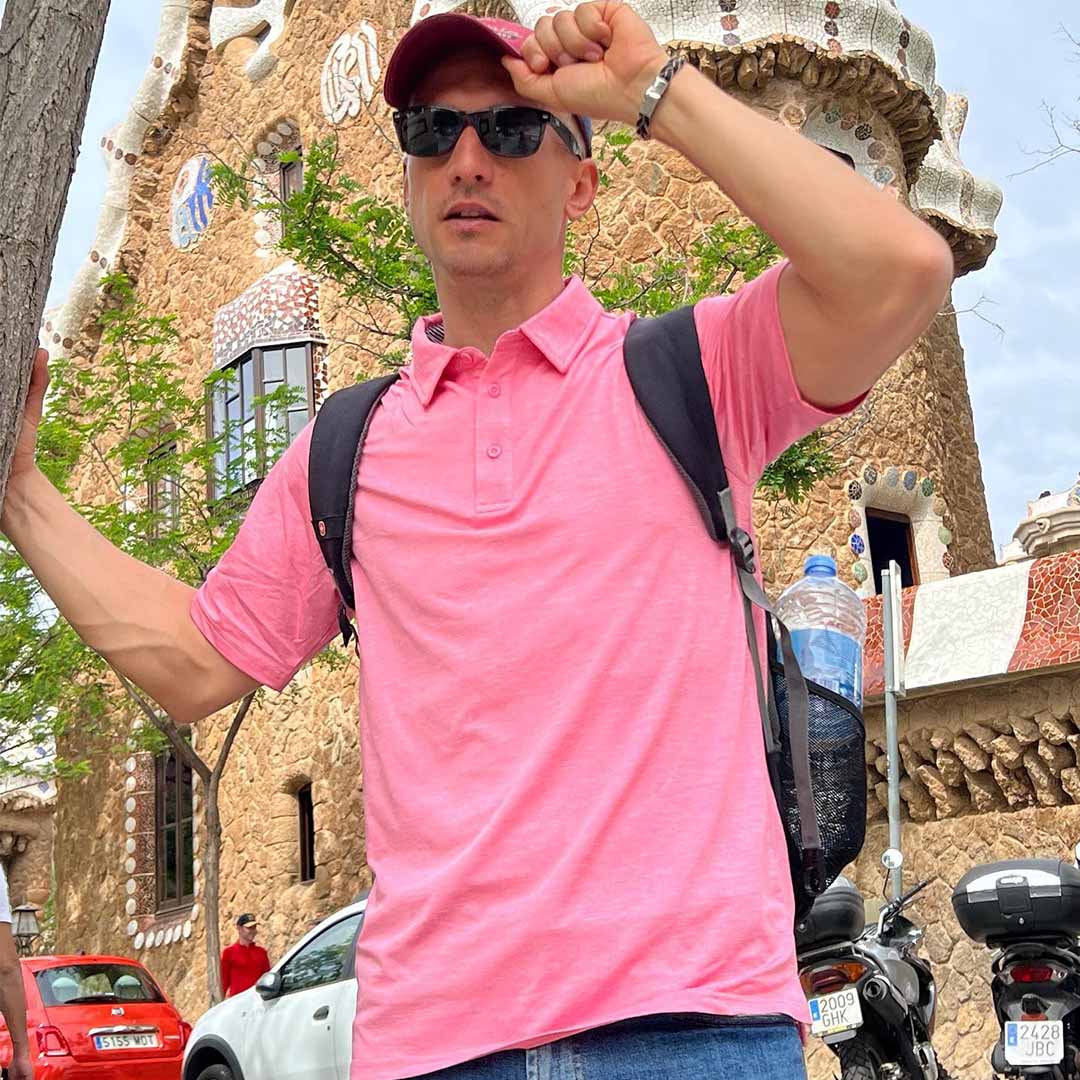 TACVASEN Pink Men's Casual Polo Golf Shirts Quick Dry 3 Buttons