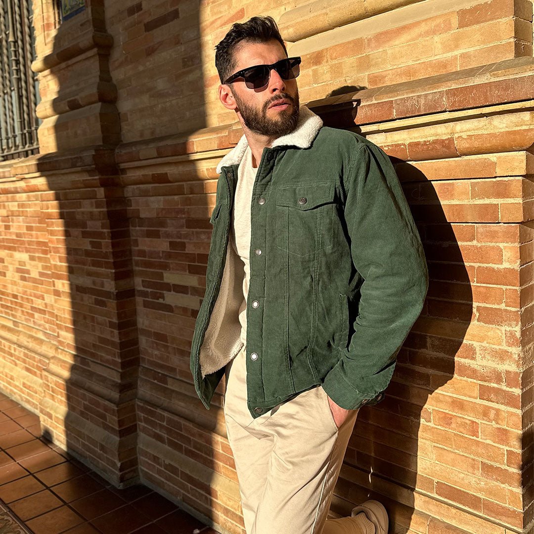 TACVASEN Forest Green Men's Corduroy Jacket Sherpa Lined Warm Winter Coat Cargo Jacket