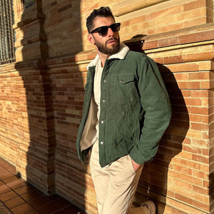 TACVASEN Forest Green Men's Corduroy Jacket Sherpa Lined Warm Winter Coat Cargo Jacket