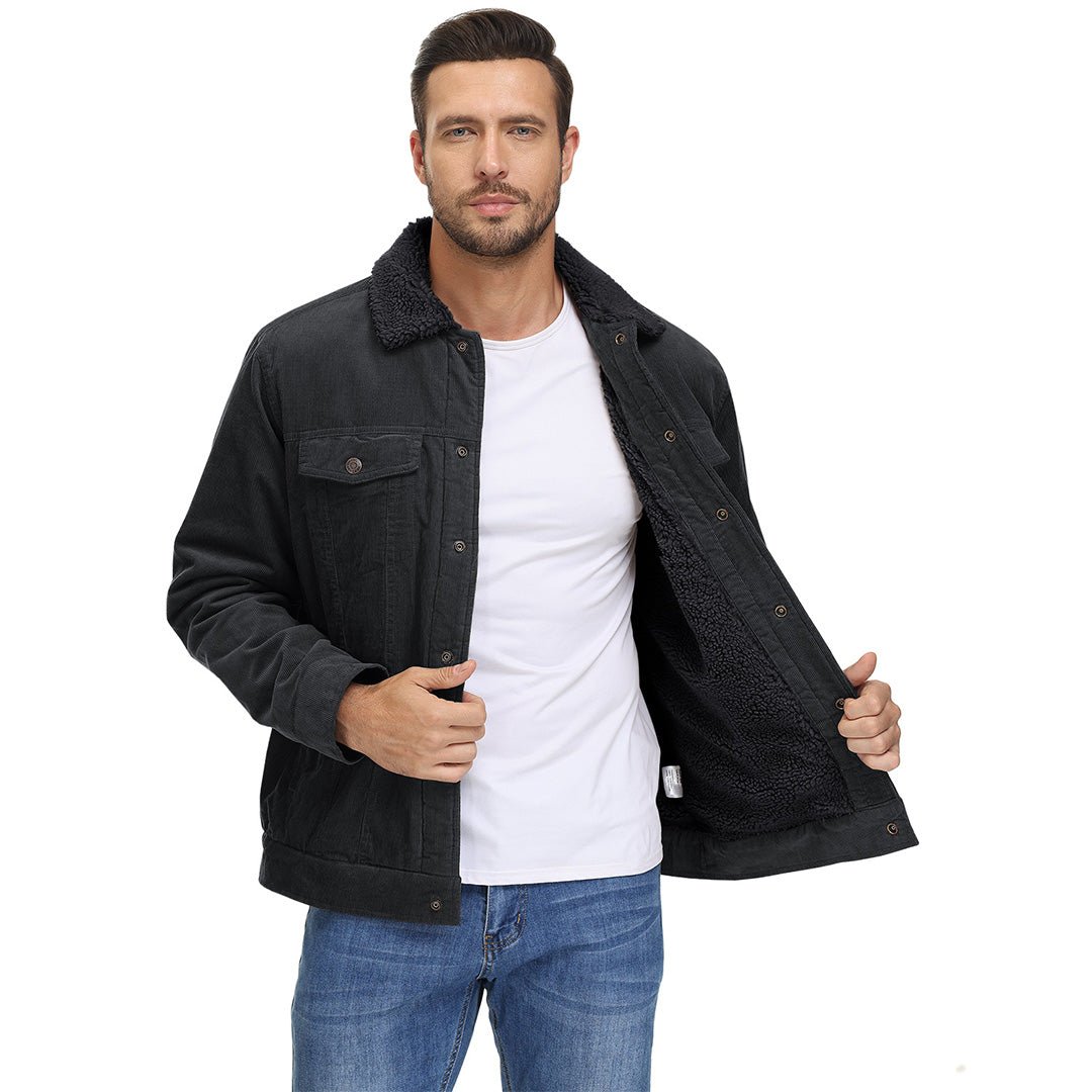 TACVASEN Black Men's Corduroy Jacket Sherpa Lined Warm Winter Coat Cargo Jacket