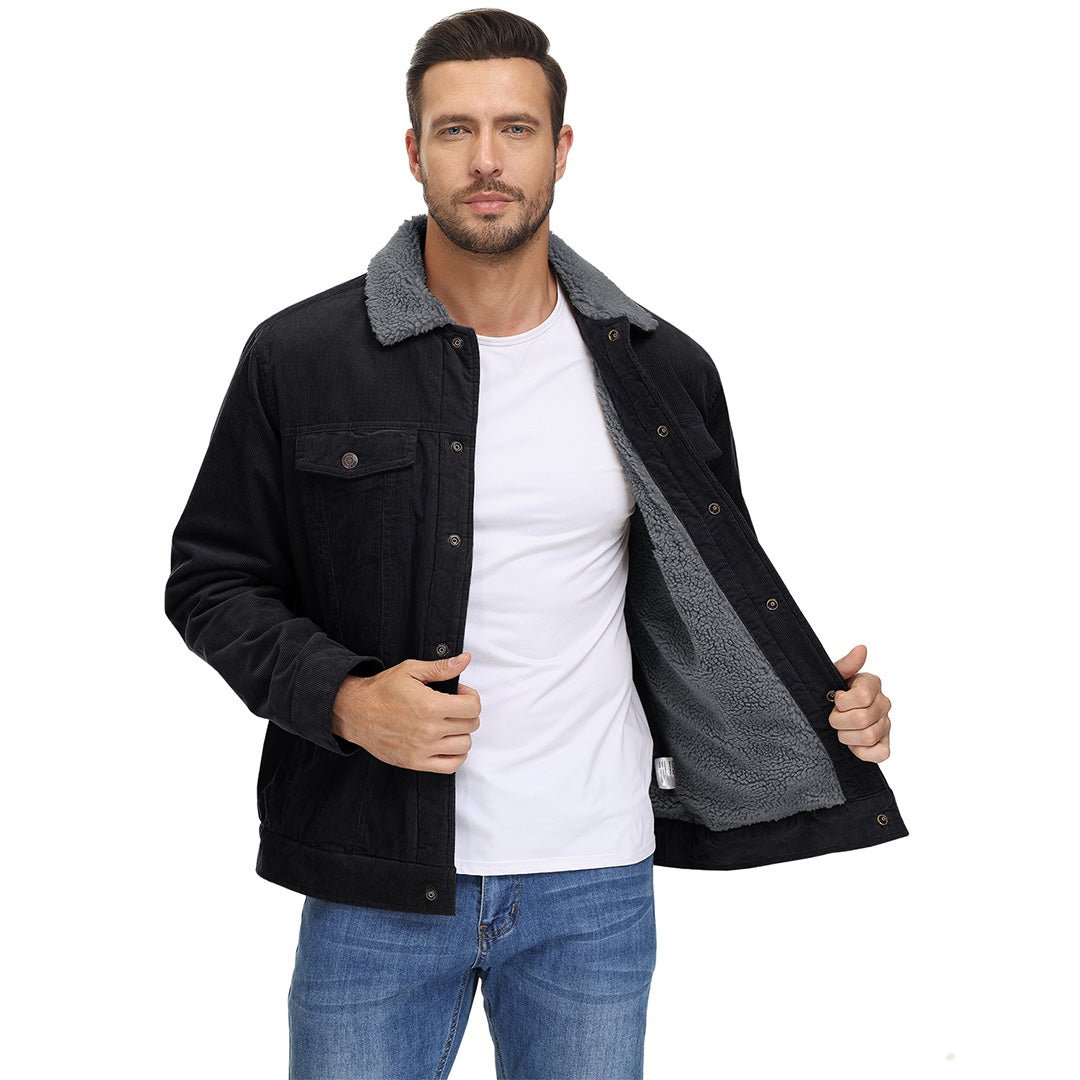 TACVASEN Black Men's Corduroy Jacket Sherpa Lined Warm Winter Coat Cargo Jacket