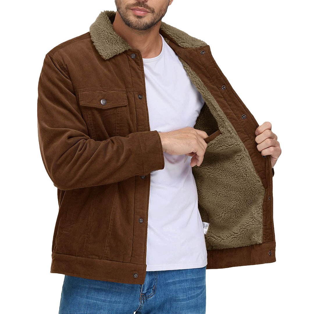 TACVASEN Brown Men's Corduroy Jacket Sherpa Lined Warm Winter Coat Cargo Jacket