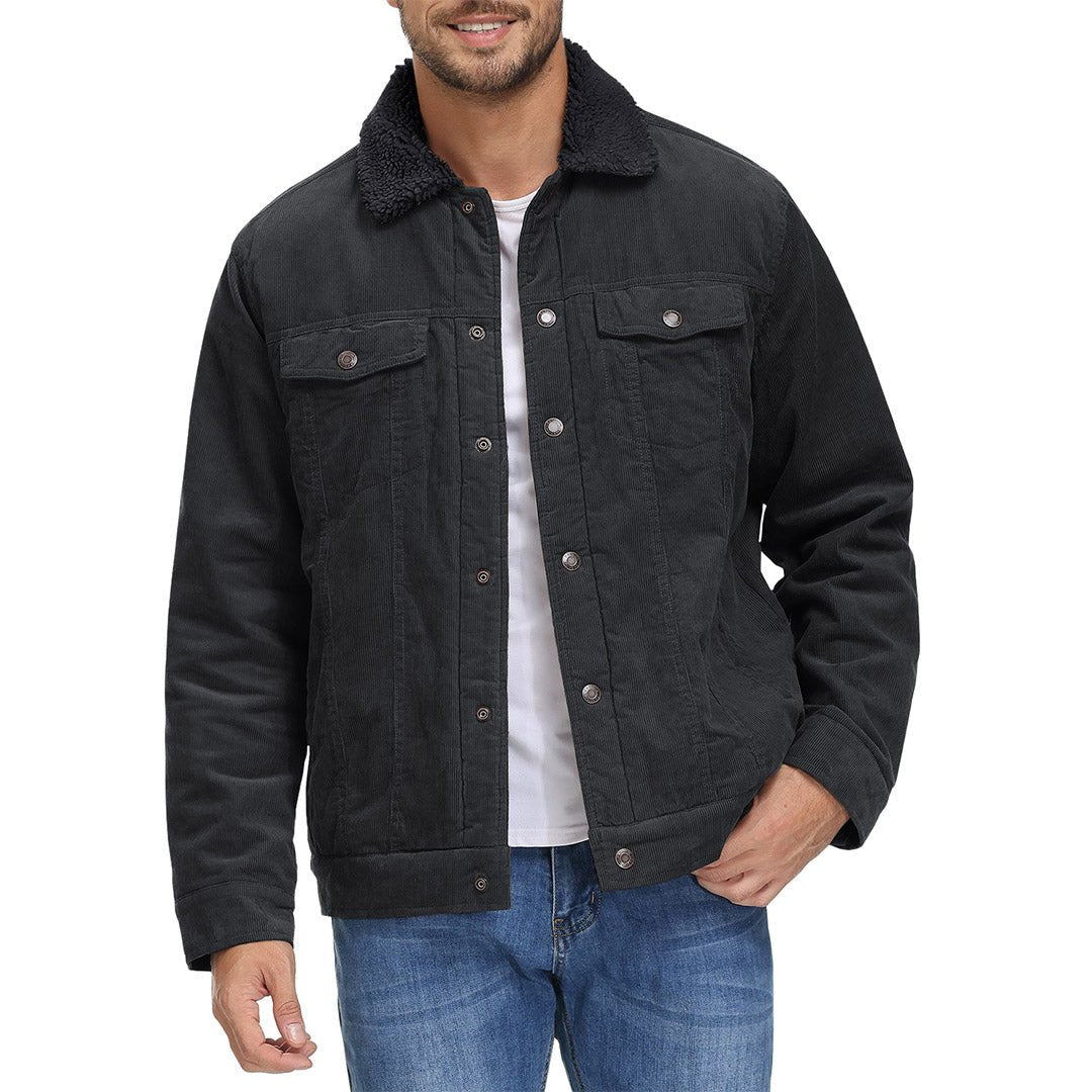 TACVASEN Black Men's Corduroy Jacket Sherpa Lined Warm Winter Coat Cargo Jacket