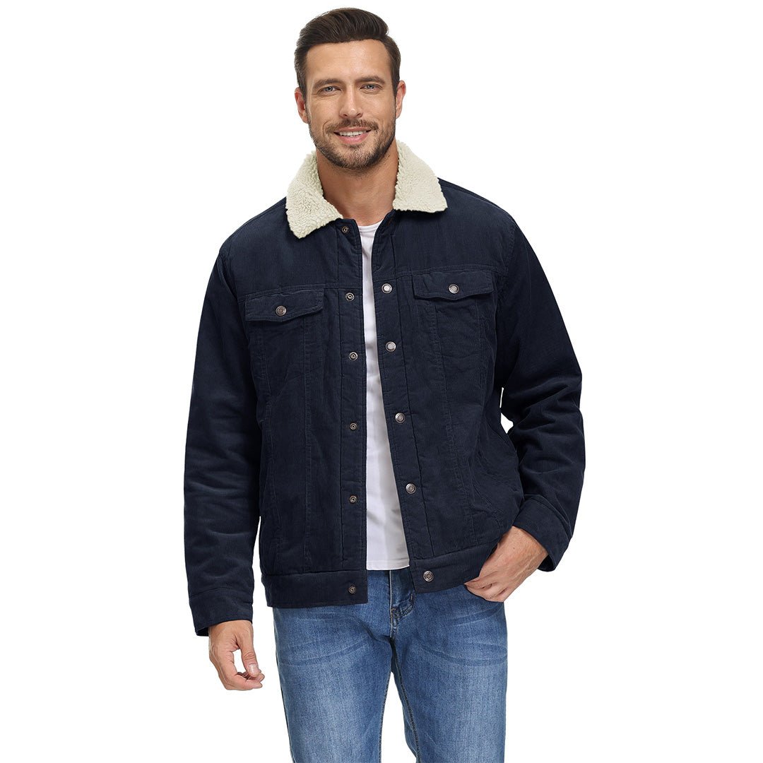 TACVASEN Black Men's Corduroy Jacket Sherpa Lined Warm Winter Coat Cargo Jacket