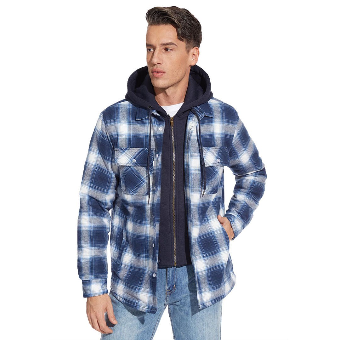TACVASEN Blue Men's Quilted Plaid Flannel Detachable Hooded Jacket
