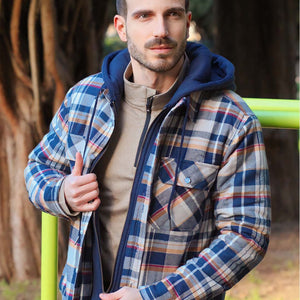 TACVASEN Blue Men's Quilted Plaid Flannel Detachable Hooded Jacket