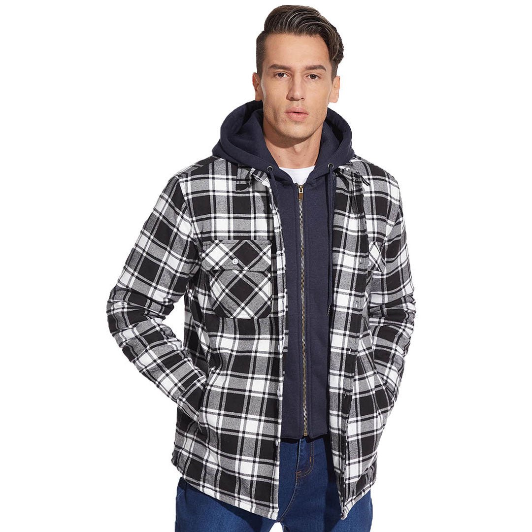 TACVASEN Blue Men's Quilted Plaid Flannel Detachable Hooded Jacket