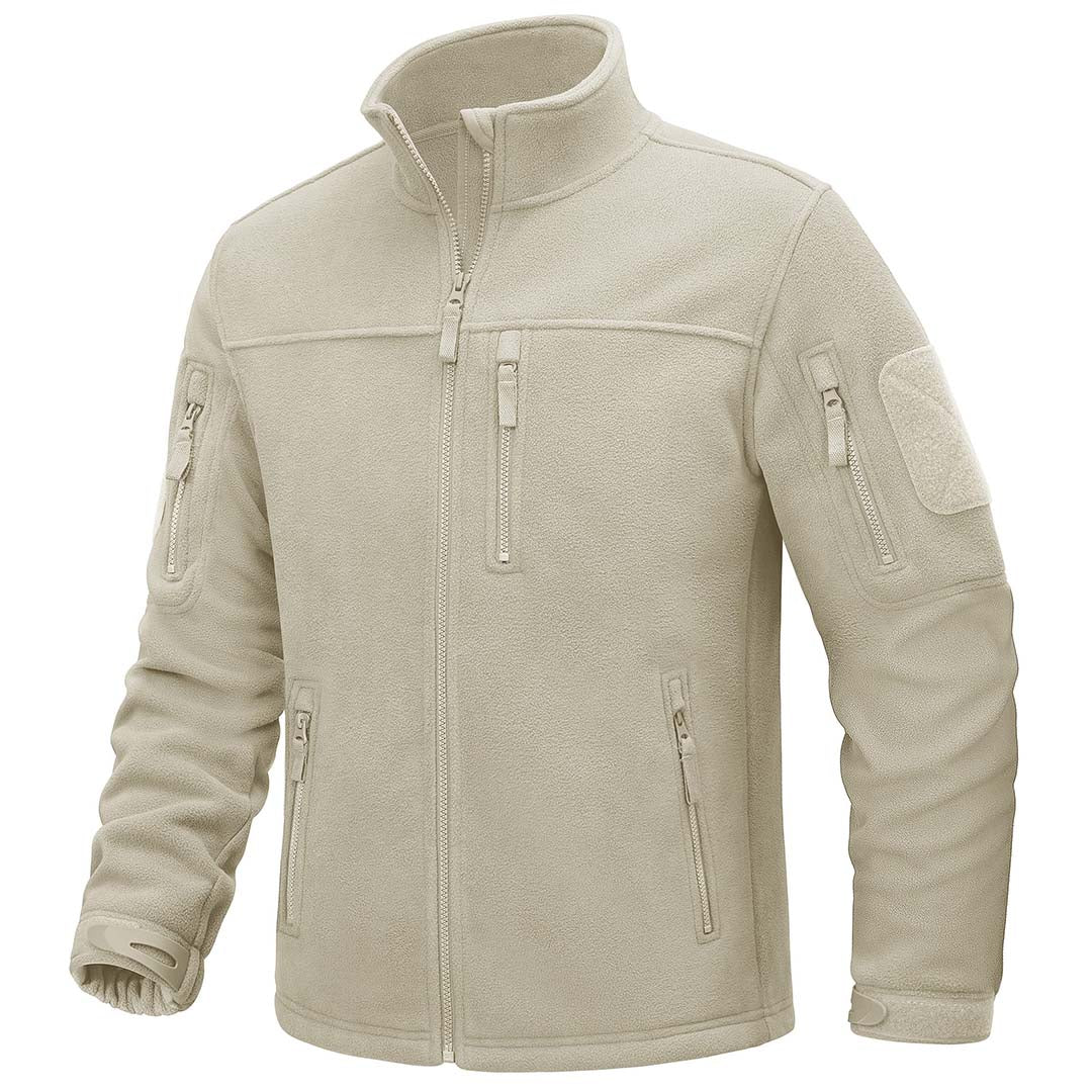 TACVASEN Beige Men's Tactical Fleece Jackets Full Zip Coat with Multi Pockets