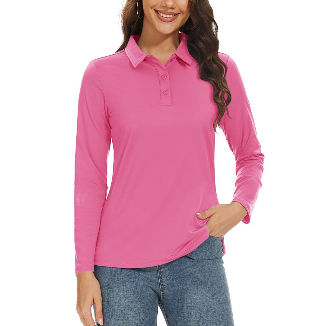 TACVASEN Rose Red Women's Golf UPF 50+ Sun Protection 3 - Button Quick Dry Long Sleeve Polo Shirts