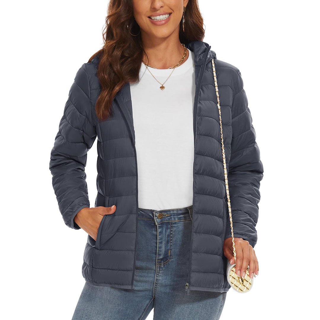 TACVASEN Black Women's Puffer Jacket Full - zip Water - Resistant Winter Hooded Coat